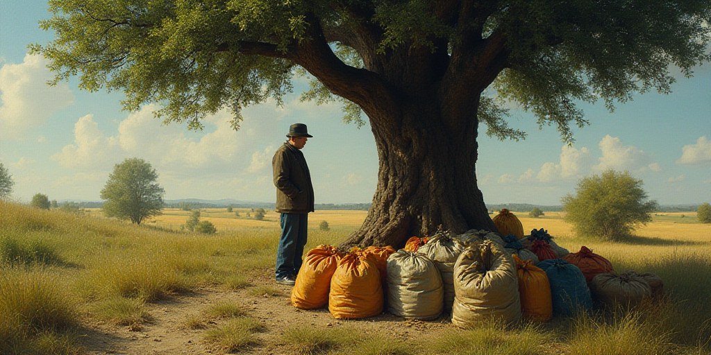 a group of bags of food sitting on the ground next to a tree and a person standing near a tree, Engu