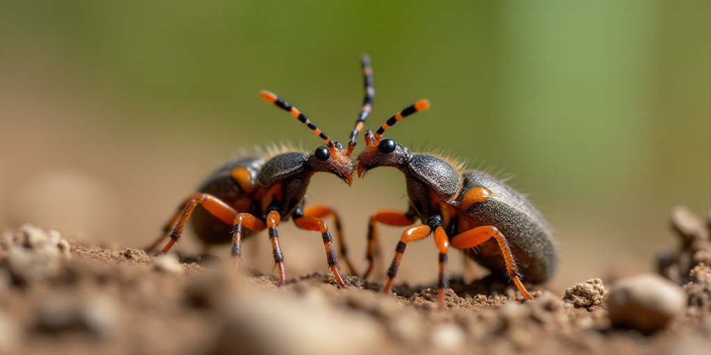 a group of bugs that are standing together in the dirt together, with one bug on the ground and the