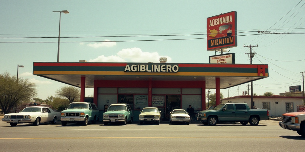 a group of cars parked in front of a gas station with a sign that says adunana mexico, Aquirax Uno,