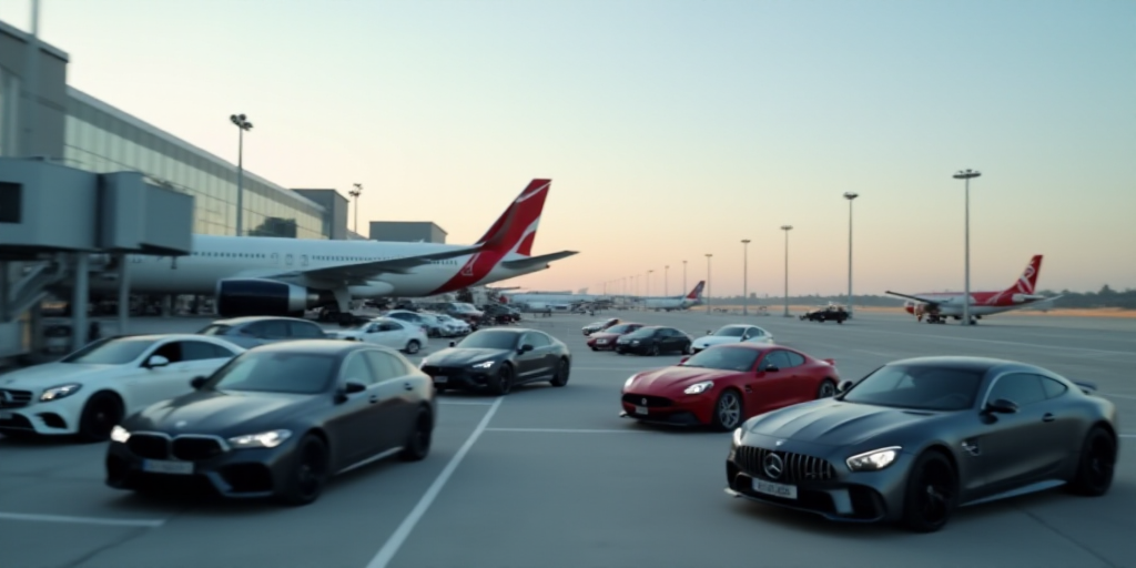 a group of cars parked next to an airport terminal with planes on the tarmac and on the tarmac, Ei-Q