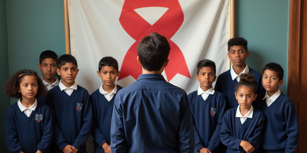 a group of children in school uniforms standing in front of a banner with a ribbon on it and a man s