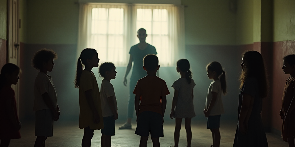 a group of children standing around each other in a room with a woman standing behind them and a man