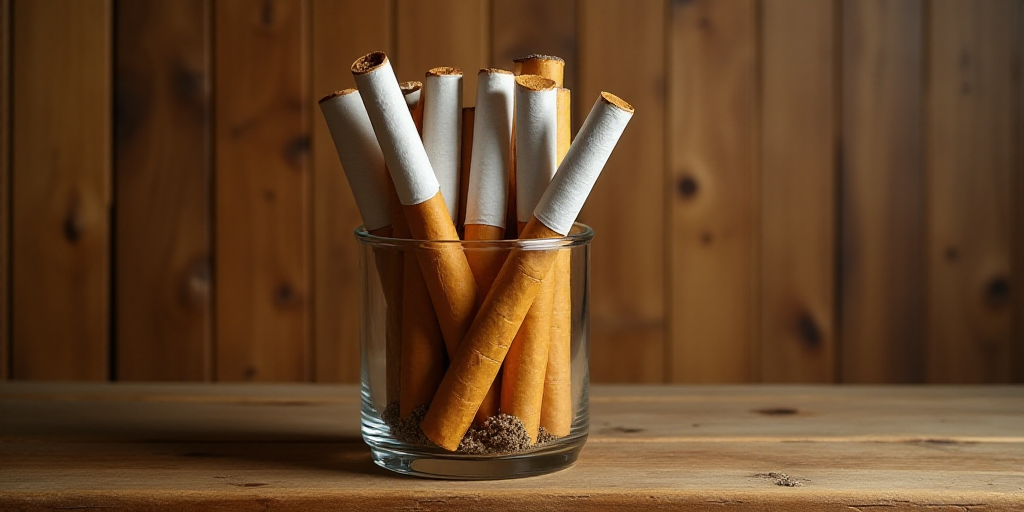 a group of cigarettes stacked on top of each other in a glass container on a table next to a wooden