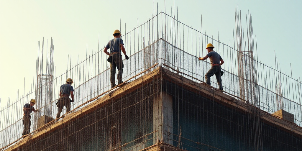 a group of construction workers working on a building site with a worker on the side of the building