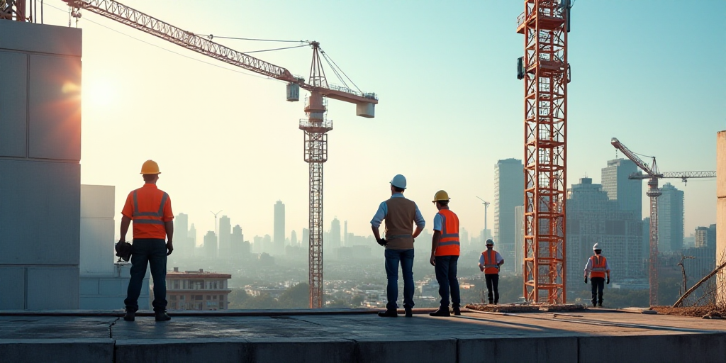 a group of construction workers working on a building site with a crane in the background and a cran