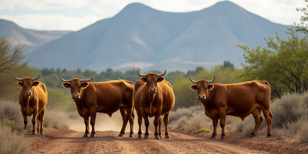 a group of cows standing in a dirt field with a mountain in the background with trees and bushes in