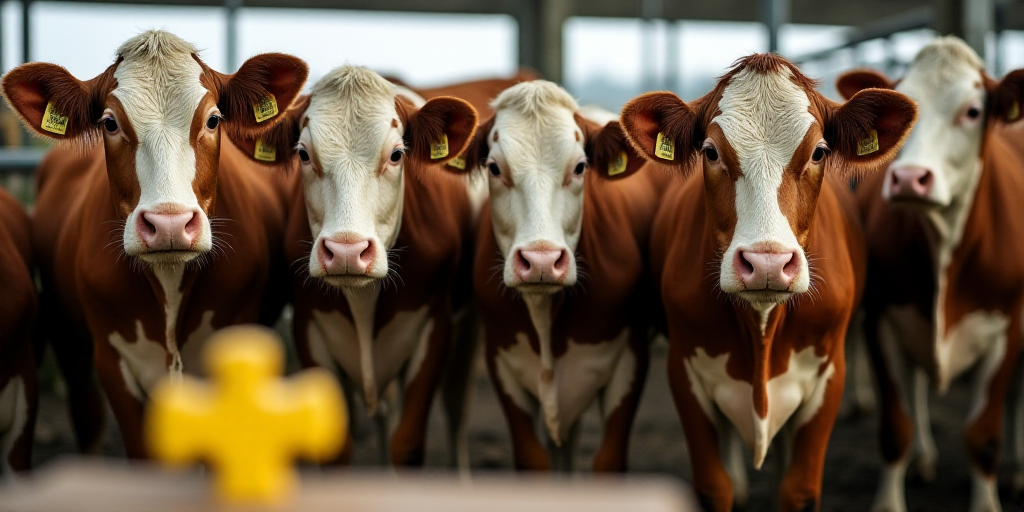 a group of cows standing in a pen with tags on their ears and ears, with a yellow object in the fore