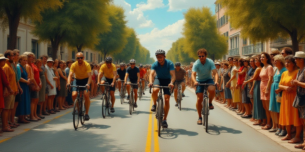 a group of cyclists riding down a street with a crowd watching them from the sidelines of the road,