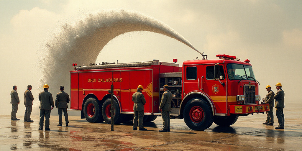 a group of firemen standing around a fire truck with water pouring out of it's back end, David Alfar
