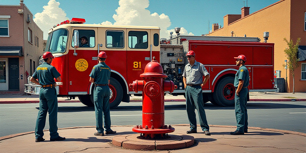 a group of firemen standing around a large fire hydrant on a street with a fire truck in the backgro
