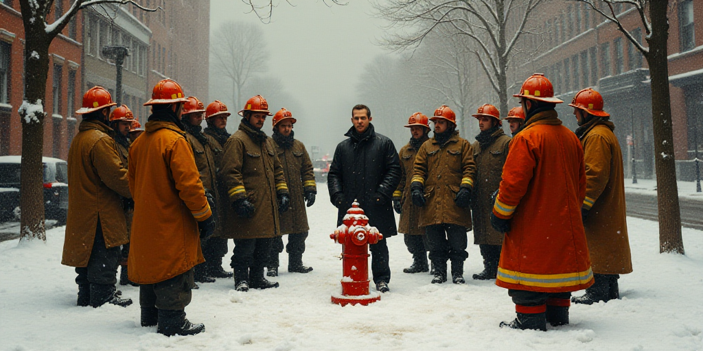 a group of firemen standing around a fire hydrant in the snow with a man in the middle of the group,