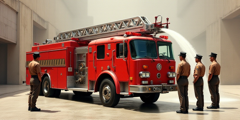 a group of firemen standing around a fire truck with water pouring out of it's back end, David Alfar