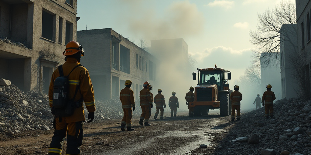 a group of firemen standing around a destroyed building with a bulldozer in the background and a fir