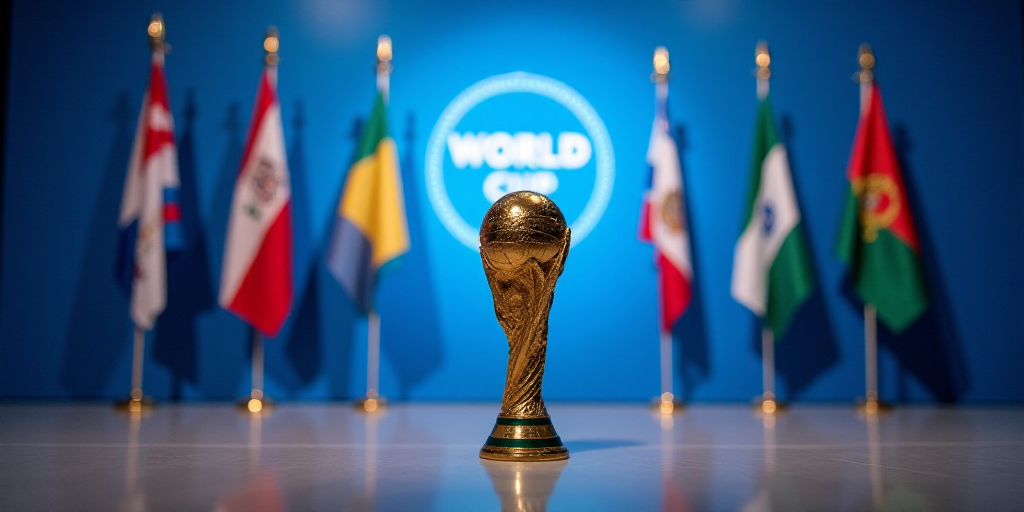 a group of flags and a trophy in front of a blue wall with a sign that says, world cup, Bernard Acca