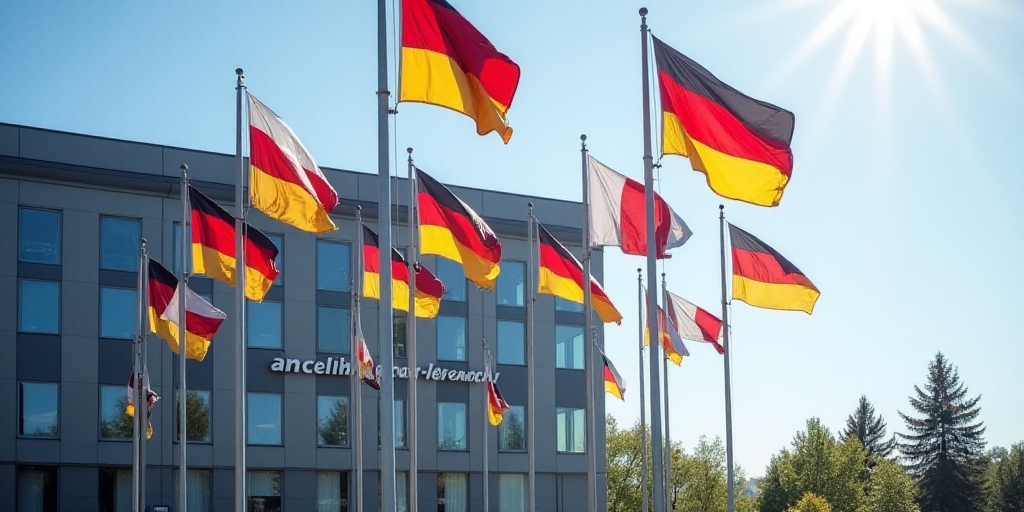 a group of flags flying in the wind outside a building with a flag on it's pole and a flag on the ot