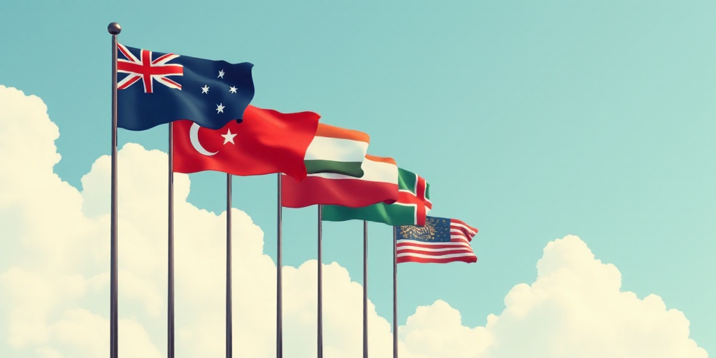 a group of flags flying in the air with a sky background and clouds in the background, with a few cl