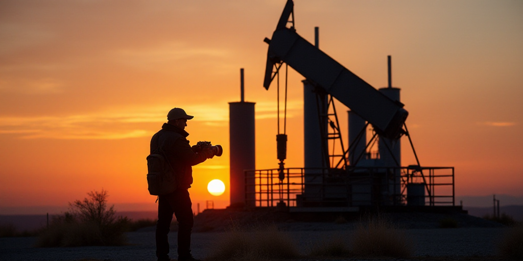 a group of large metal objects against a sunset sky with a person standing next to them holding a ca