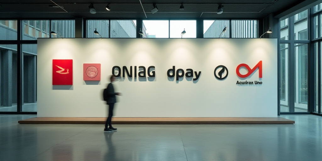 a group of logos are displayed on a wall in a building in a city, with a large glass window behind t