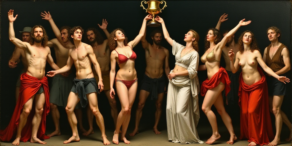 a group of men and women holding a trophy and posing for a picture with their hands in the air, Anna