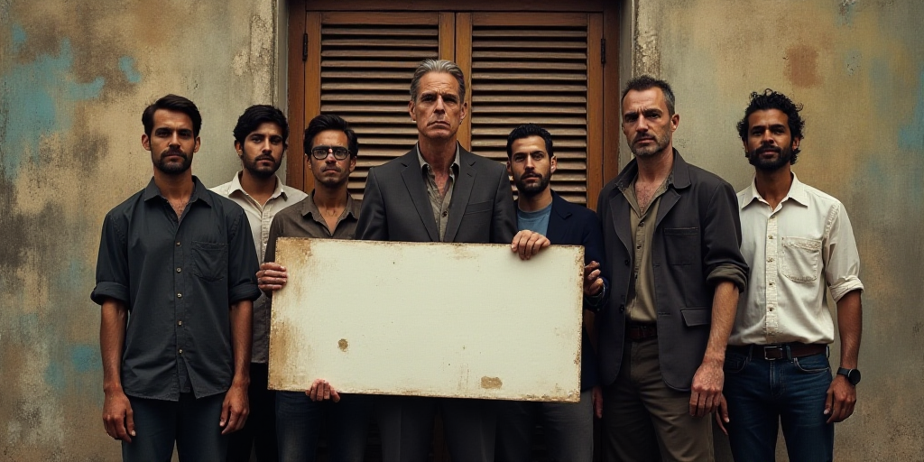 a group of men holding a sign in front of a window with shutters on it and a painting behind them, E
