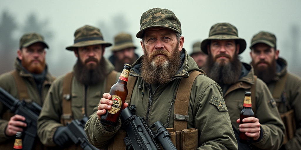 a group of men holding guns and bottles of beer in their hands and wearing camouflage clothing and h