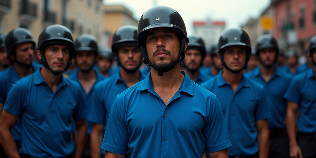 a group of men in blue shirts and black helmets standing next to each other in a crowd of people, Es
