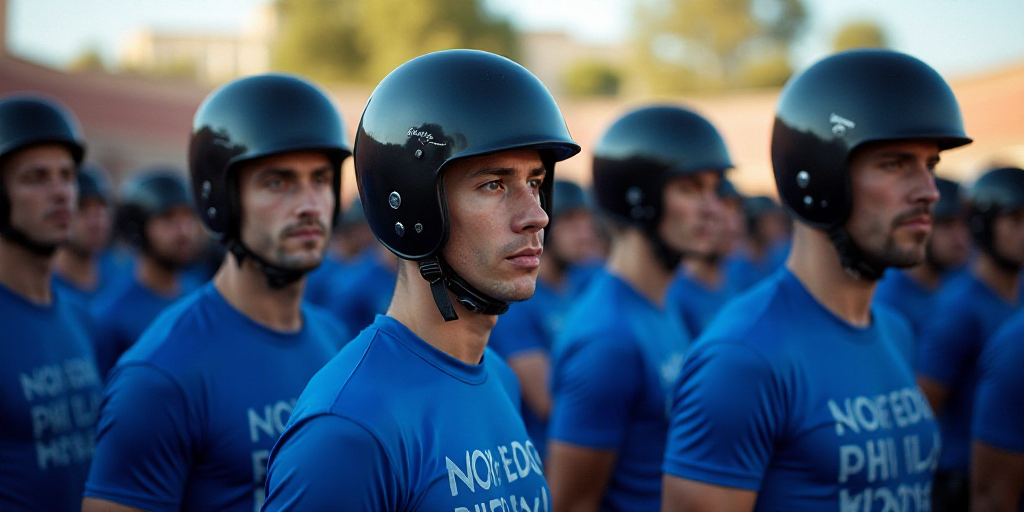 a group of men in blue shirts and black helmets standing next to each other in a crowd of people, Es