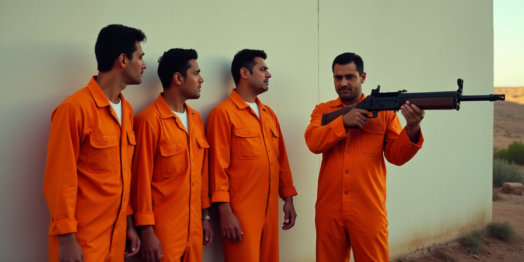 a group of men in orange jumps standing next to a wall with a gun in hand and another man in orange