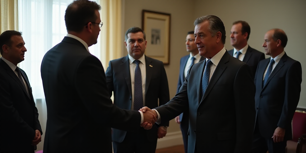 a group of men in suits and ties shaking hands in a room with a window and a chair in the background