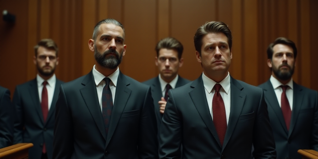 a group of men in suits and ties standing in a courtroom together, looking at something in the dista