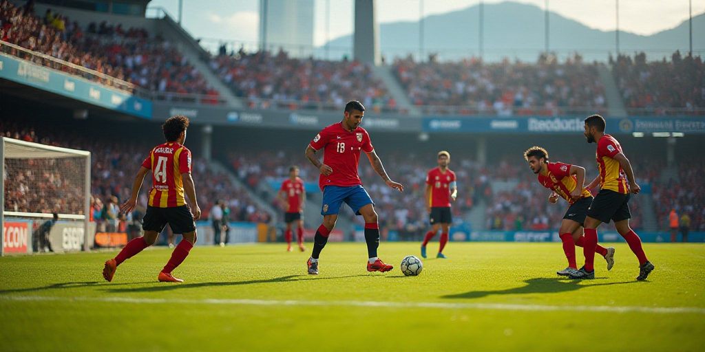 a group of men playing a game of soccer on a field with a crowd watching them from the stands, Feder