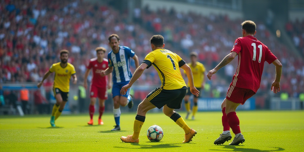 a group of men playing a game of soccer on a field with a crowd watching them from the stands, Diego