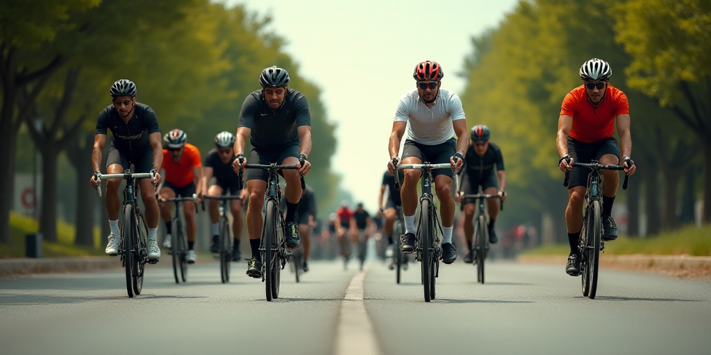 a group of men riding bikes down a street next to each other on a road course with trees in the back