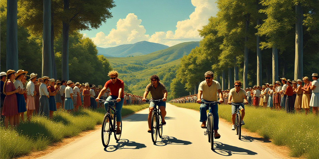 a group of men riding bikes down a road next to a forest filled with people watching them on a sunny