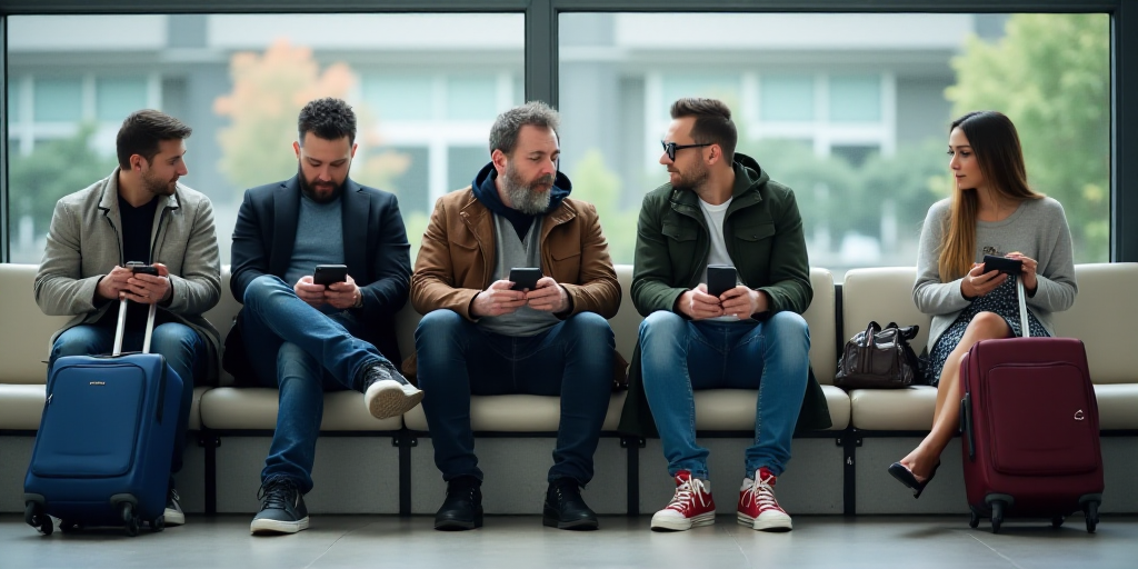 a group of men sitting on a bench with luggage and cell phones in their hands and a woman sitting on