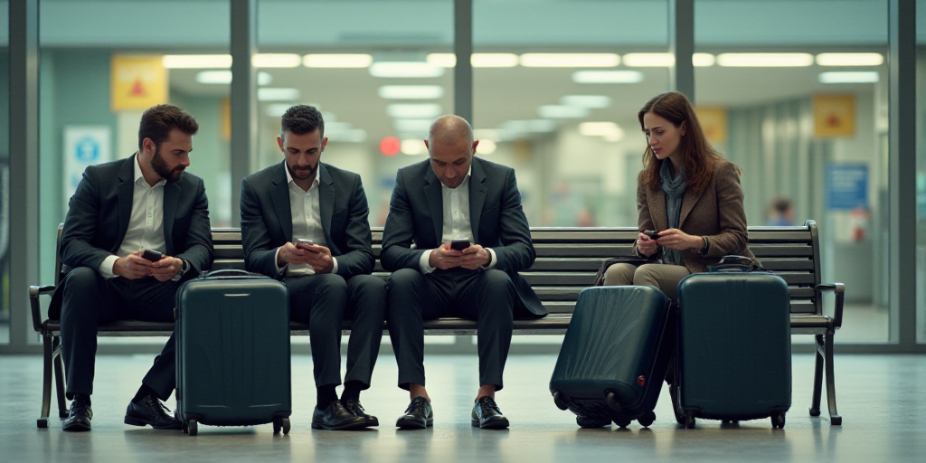 a group of men sitting on a bench with luggage and cell phones in their hands and a woman sitting on