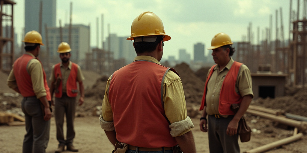 a group of men standing around a construction site with a man in a hard hat on his head and a man in