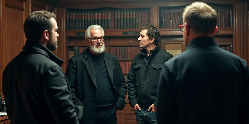 a group of men standing around each other in a room with a bookcase in the background and a man in a