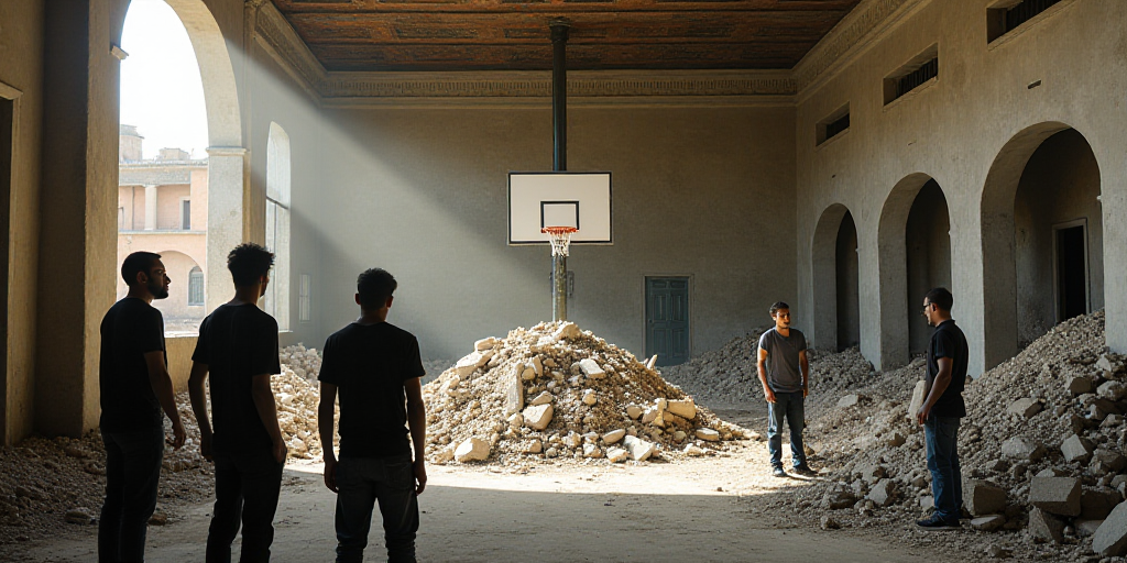 a group of men standing around a pile of rubble in a building with a basketball hoop in the backgrou