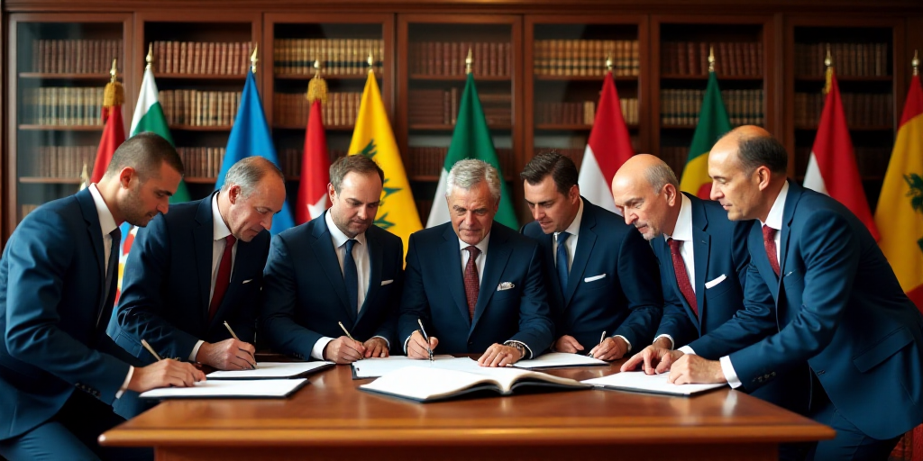 a group of men standing around a table signing papers in front of flags of different countries and c