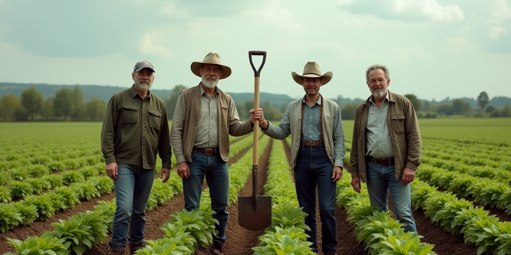 a group of men standing in a field with a shovel and a shovel in hand, and a row of young plants, De