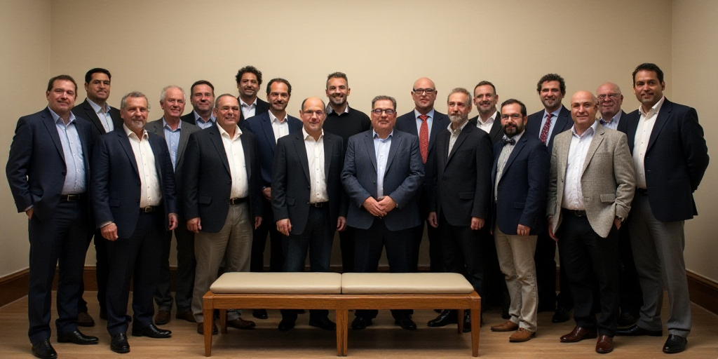 a group of men standing in a room together with a wall behind them and a bench in the middle, Carlos