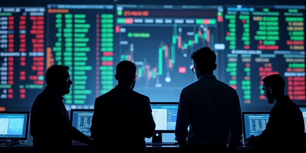 a group of men standing in front of a computer screen with stock prices on it and a stock market flo