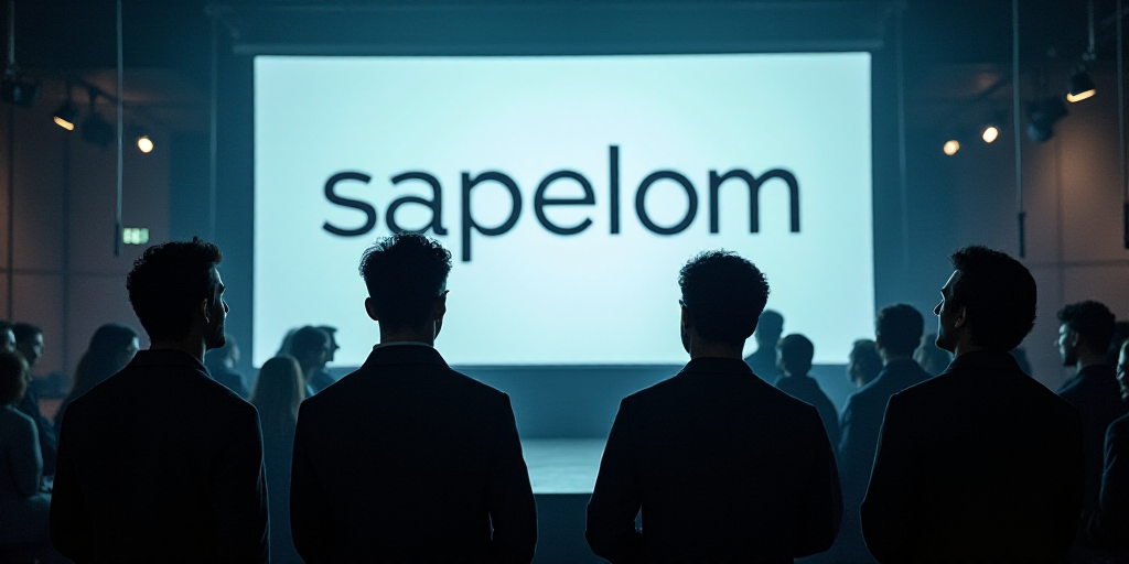 a group of men standing in front of a screen in a building with a large screen behind them that says