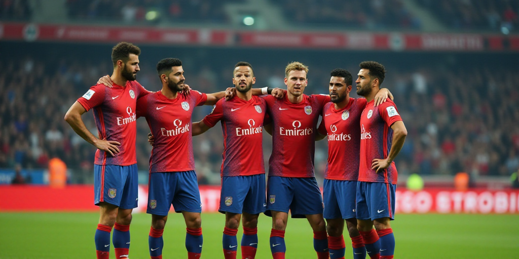 a group of men standing next to each other on a field with a crowd of people watching them from the