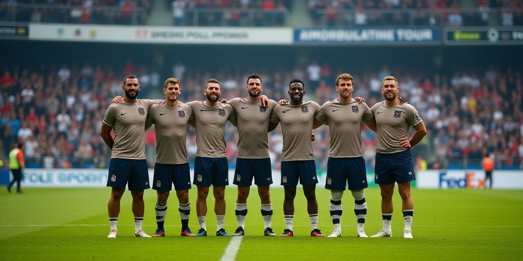 a group of men standing next to each other on a field with a crowd of people watching them from the