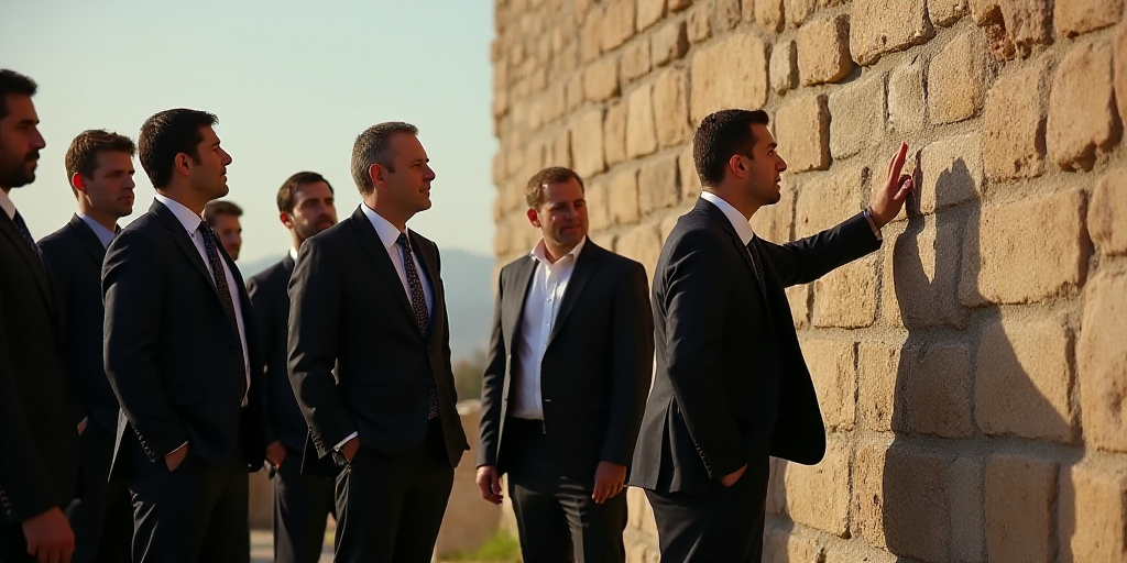 a group of men standing next to a stone wall with a man in a suit pointing at it with his hand, De H