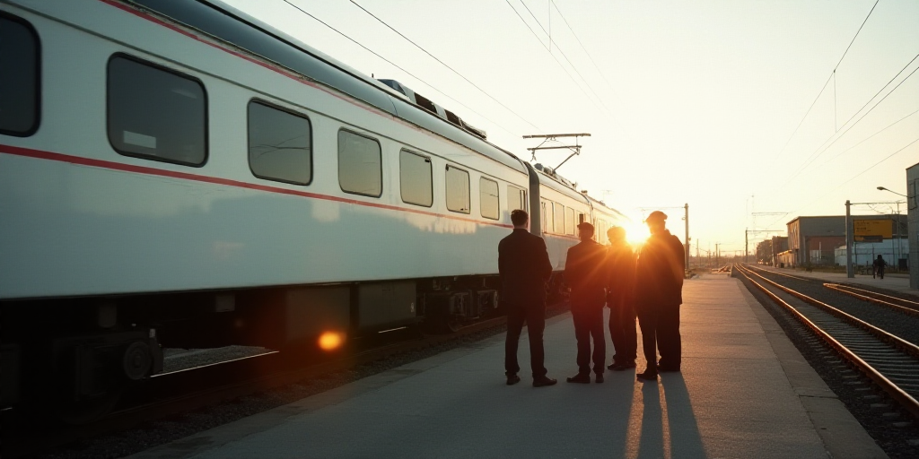 a group of men standing next to a white train on a track near a building and a train track, Constant