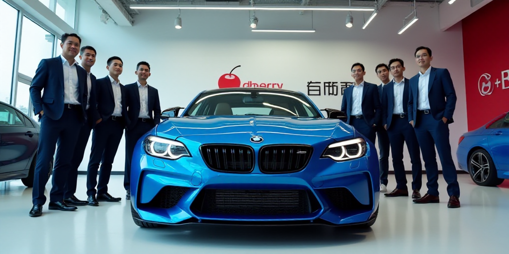 a group of men standing next to a blue car on display at a showroom with a sign that says cherry, Ch