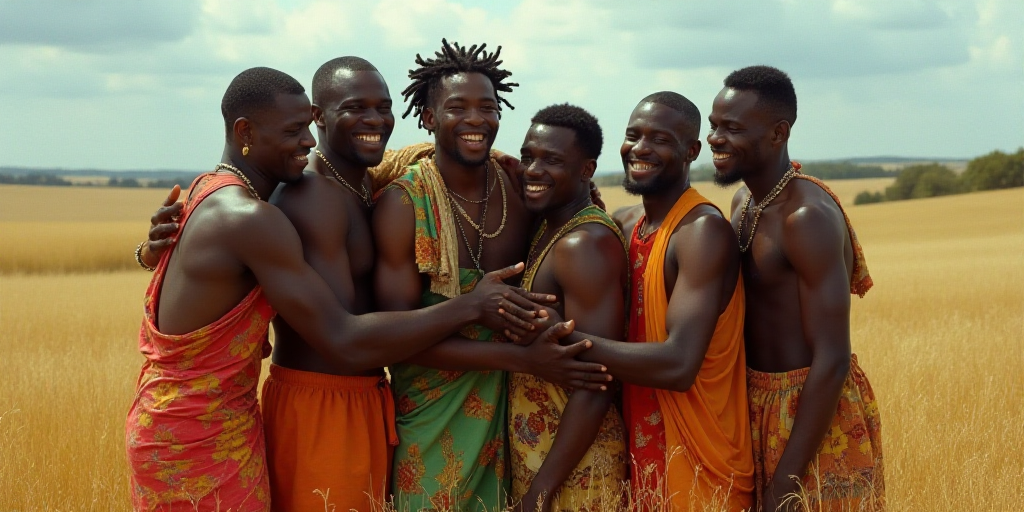 a group of men standing next to each other on a field hugging each other and smiling at the camera,